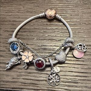 Pandora Elegant Silver Charm Bracelet with Blue and Red Accents